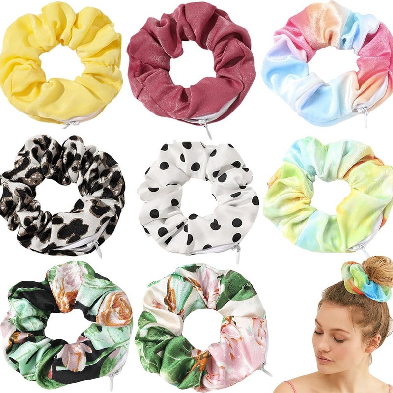 DINPREY Velvet Dots Hair Scrunchies with Zipper Pouch, Secret Pocket, Hair Ties, Ropes, Tie Dye, Floral Elastics for Vsco Girl Stuff (8 Pcs) - Image 1